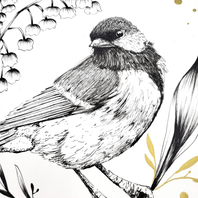 Illustration oiseau floral encre de chine