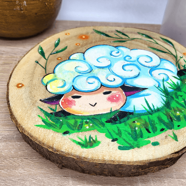 Peinture sur rondin de bois Nuage le mouton
