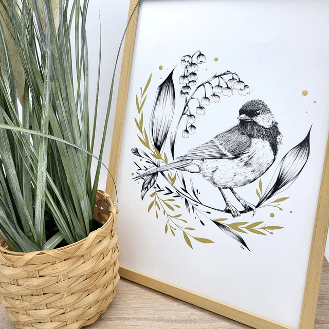 Illustration oiseau floral encre de chine