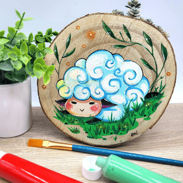Peinture sur rondin de bois Nuage le mouton