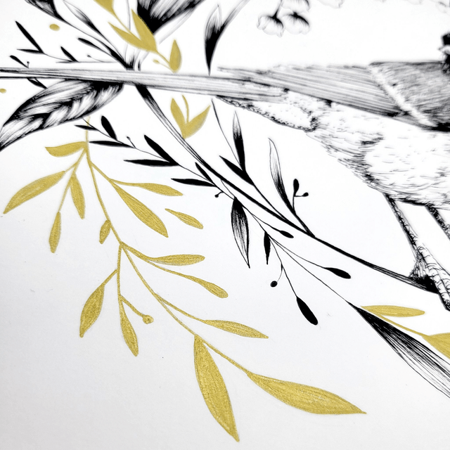 Illustration oiseau floral encre de chine