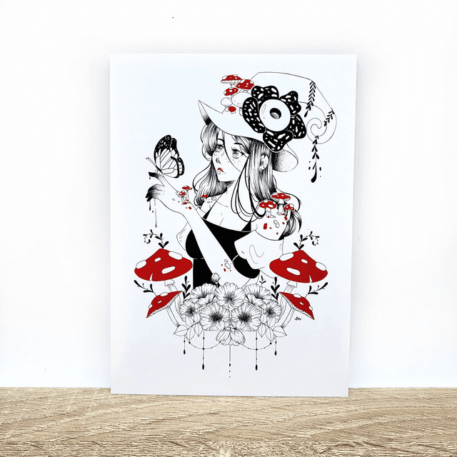 Illustration Carte Postale Sorcière Champignons